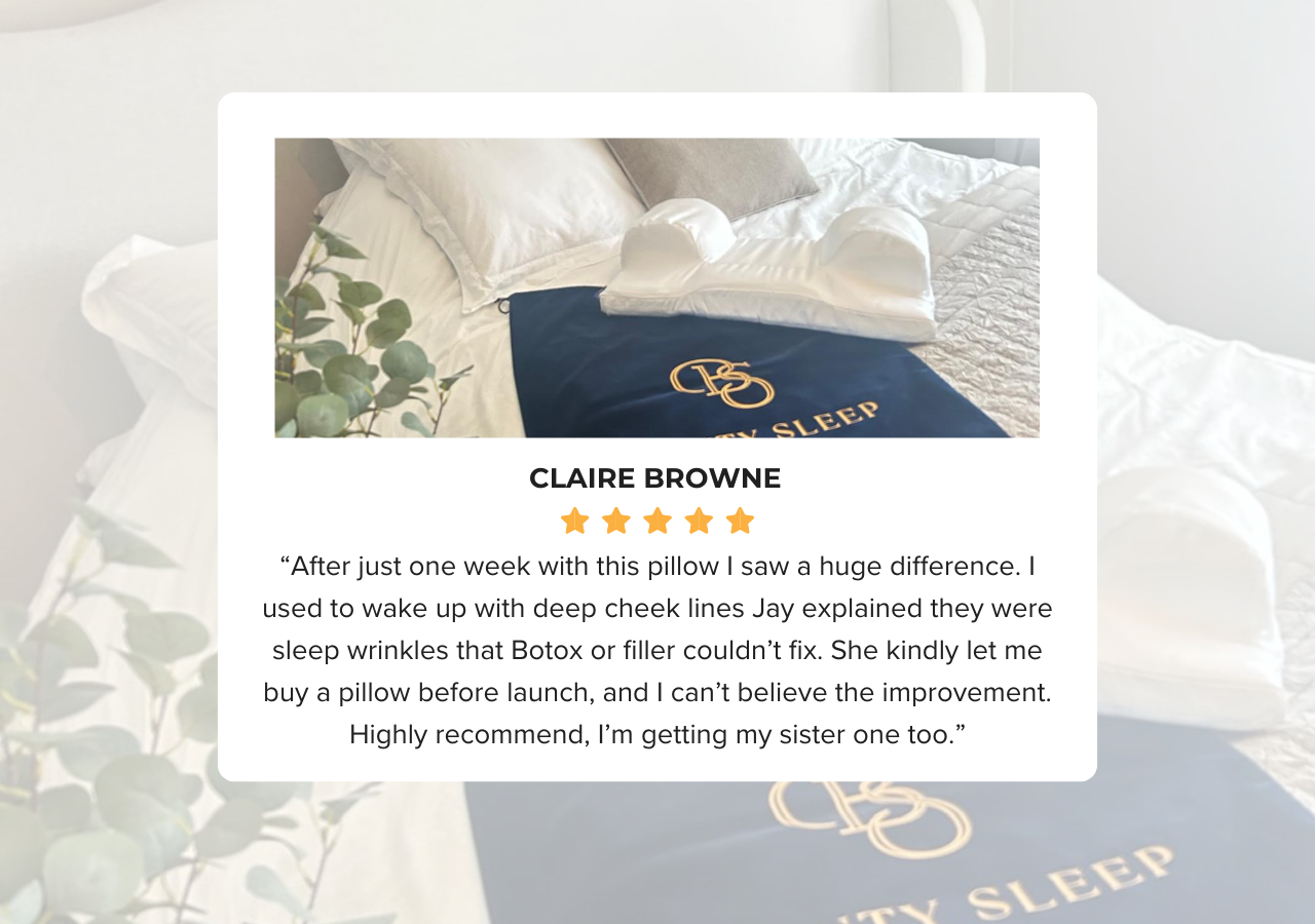 Beauty Sleep packaging featuring the Back Sleeper™ pillow and signature velvet dust bag, styled in a calming bedroom setting.