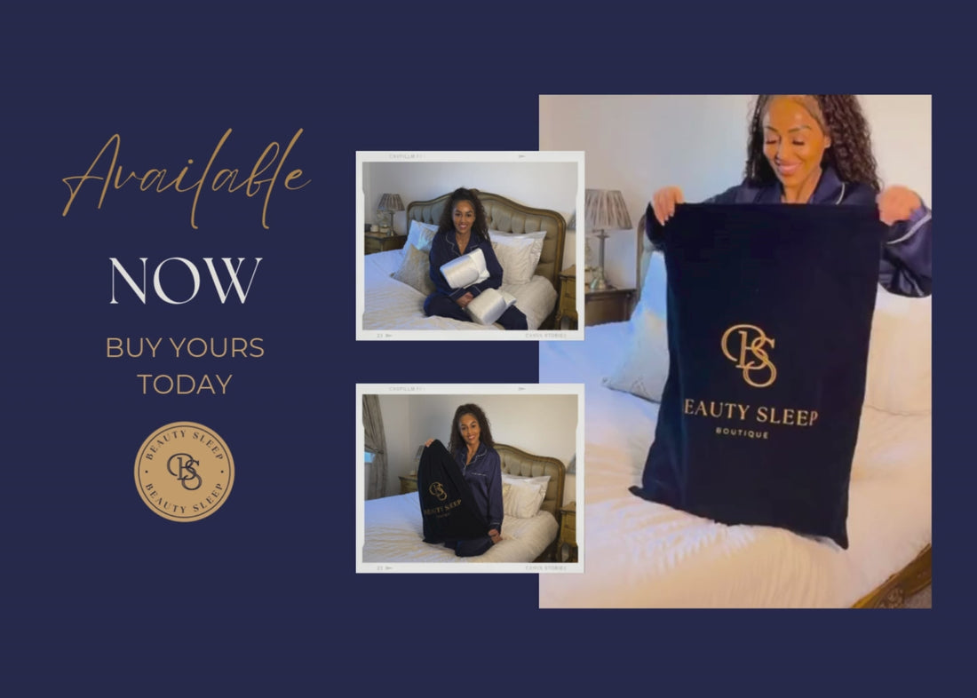 Beauty Sleep founder in navy pyjamas holding the Back Sleeper™ pillow and branded velvet dust bag, with “Available Now” text overlay.